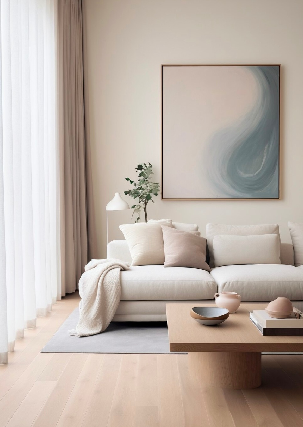 salon con sofa blanco y cuadro de ondas