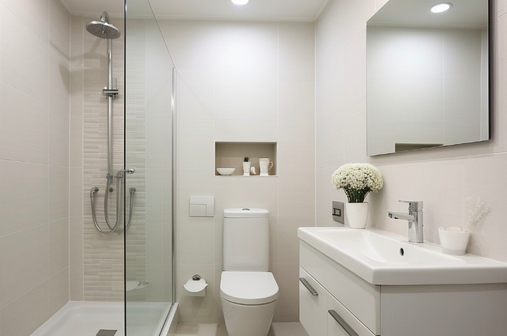 bano con ducha y muebles blancos